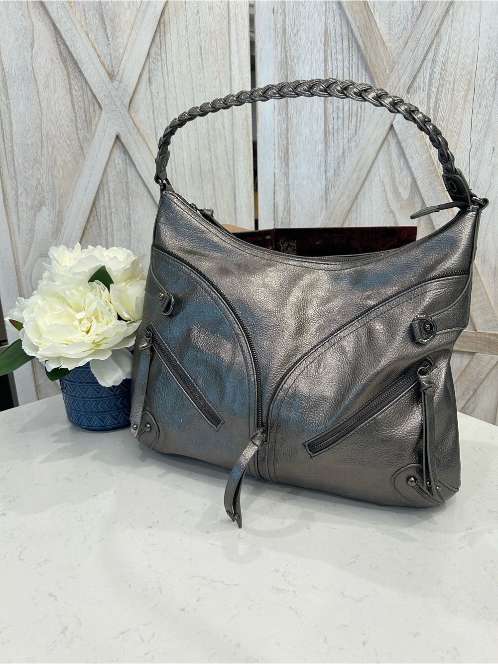 Kate Landry Metallic Silver Shoulder Hobo Bag